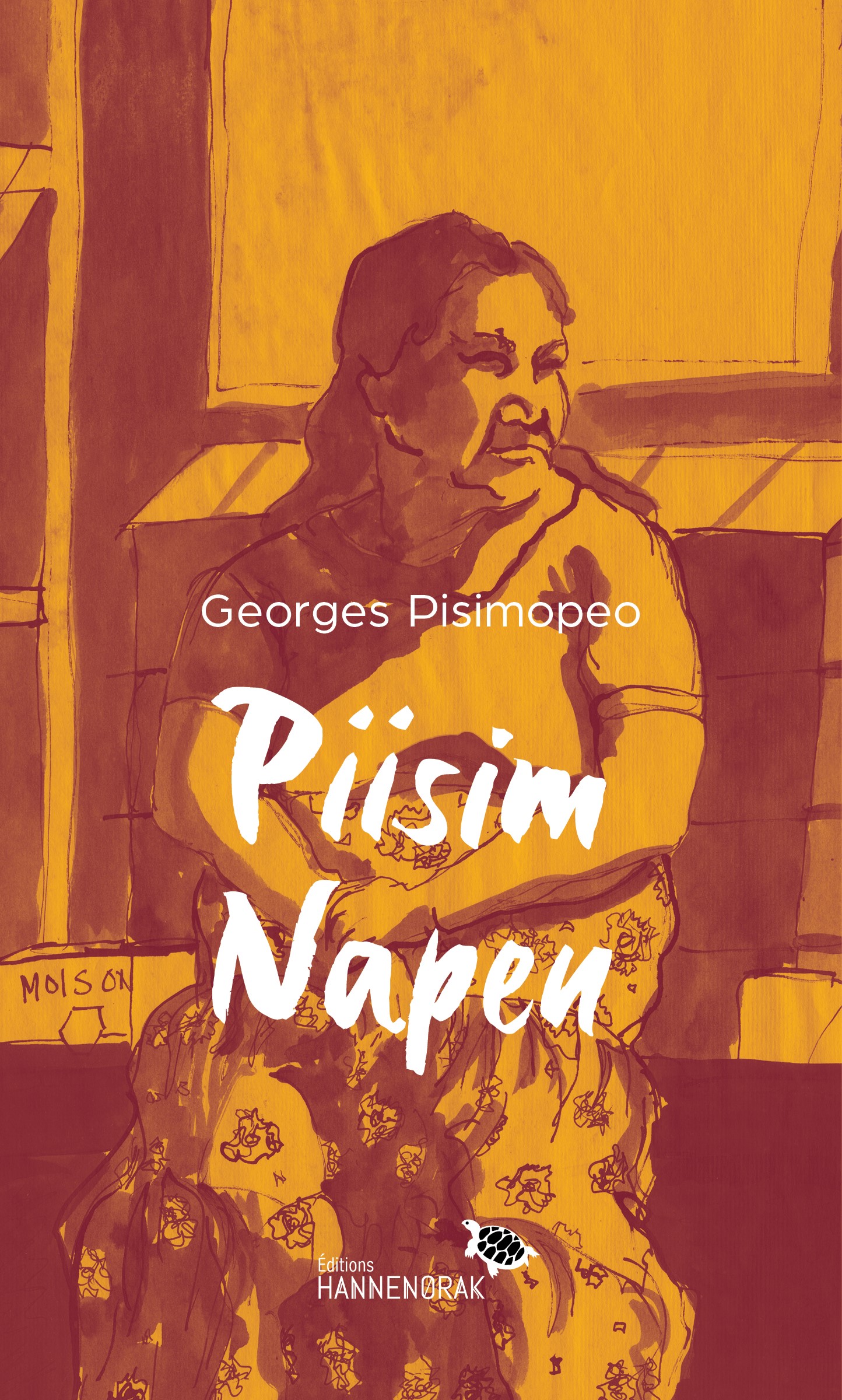 La couverture du roman Piisim Napeu, de Georges Pisimopeo, un auteur autochtone, représente une femme assise. Elle porte une longue jupe fleurit et l'image est dans les teintes de jaune ocre. 